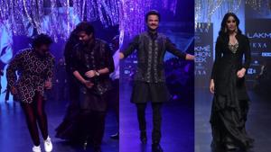 Anil Kapoor with Ranveer Singh (left) and Janhvi Kapoor on the ramp (right).(Varinder Chawla) Anil Kapoor with Ranveer Singh (left) and Janhvi Kapoor on the ramp (right).(Varinder Chawla)