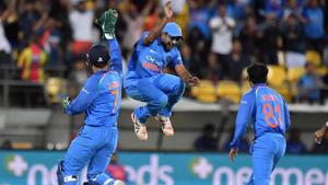 MS Dhoni (L) celebrates with teammates Ambati Rayudu (C) and Kedar Jadhav (R) after dismissing James Neesham.(AFP) MS Dhoni (L) celebrates with teammates Ambati Rayudu (C) and Kedar Jadhav (R) after dismissing James Neesham.(AFP)
