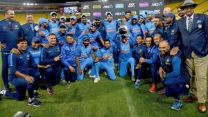 India celebrate winning the ODI series following the fifth one-day international (ODI) match against New Zealand.(AFP) India celebrate winning the ODI series following the fifth one-day international (ODI) match against New Zealand.(AFP)