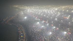 At least 3 crore devotees are expected to take a holy dip in the third official bathing and second ‘shahi snan’ of Mauni Amavasya during the ongoing Kumbh Mela in Prayagraj on Monday, officials said.(UP govt) At least 3 crore devotees are expected to take a holy dip in the third official bathing and second ‘shahi snan’ of Mauni Amavasya during the ongoing Kumbh Mela in Prayagraj on Monday, officials said.(UP govt)
