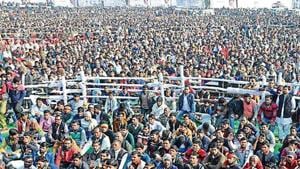 Huge crowd at Pragatisheel Samajwadi Party rally at Ramlila ground in Shikohabad on Sunday(HT Photo) Huge crowd at Pragatisheel Samajwadi Party rally at Ramlila ground in Shikohabad on Sunday(HT Photo)