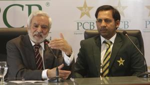 Pakistan Cricket Board chairman Ehsan Mani (left) addresses a news conference with Sarfraz Ahmed in Lahore.(AP) Pakistan Cricket Board chairman Ehsan Mani (left) addresses a news conference with Sarfraz Ahmed in Lahore.(AP)