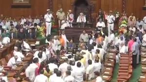 Karnataka assembly witnessed pandemonium on Wednesday during Governor Vajubhai Vala’s speech with the BJP MLAs shouting slogans against the government.(Photo: Twitter/@ANI) Karnataka assembly witnessed pandemonium on Wednesday during Governor Vajubhai Vala’s speech with the BJP MLAs shouting slogans against the government.(Photo: Twitter/@ANI)