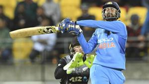 Krunal Pandya skies the ball against New Zealand during the Twenty20 international.(AP) Krunal Pandya skies the ball against New Zealand during the Twenty20 international.(AP)