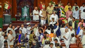 Bengaluru: BJP legislators protest as Karnataka Governor Vajubhai Vala leaves after addressing the joint session of Assembly on the first day of the Budget Session at Vidhan Soudha in Bengaluru, Wednesday, Feb 6, 2019. (PTI Photo/Shailendra Bhojak) (PTI2_6_2019_000109B)(PTI) Bengaluru: BJP legislators protest as Karnataka Governor Vajubhai Vala leaves after addressing the joint session of Assembly on the first day of the Budget Session at Vidhan Soudha in Bengaluru, Wednesday, Feb 6, 2019. (PTI Photo/Shailendra Bhojak) (PTI2_6_2019_000109B)(PTI)