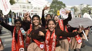 Students during ‘Pad Yatra’, a march organised by an NGO and the Delhi government, to spread awareness about menstruation, Feb 5, 2019.(Sanchit Khanna/HT Photo) Students during ‘Pad Yatra’, a march organised by an NGO and the Delhi government, to spread awareness about menstruation, Feb 5, 2019.(Sanchit Khanna/HT Photo)