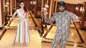 <p>Alia Bhatt wears a colour-blocked, striped dress&nbsp;for promotions of Gully Boy. Ranveer Singh chose to wear a bucket hat with tiger-printed jacket and trousers to match. The film based on the rap scene of Mumbai and Dharavi will hit theatres on 14 February.</p>