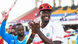 Jason Holder of West Indies celebrates after leading his team to victory in the second Test.(AFP) Jason Holder of West Indies celebrates after leading his team to victory in the second Test.(AFP)