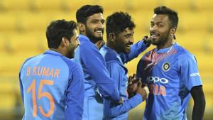 File image of players of Indian cricket team celebrating after the fall of a wicket.(AP) File image of players of Indian cricket team celebrating after the fall of a wicket.(AP)