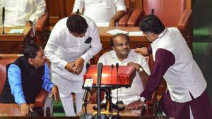 Karnataka Chief Minister HD Kumaraswamy with state ministers DK Shivakumar, MB Patil and DCM G Parameshwara at the start of State Budget Session of Karnataka Assembly, in Bengaluru, Friday.(PTI) Karnataka Chief Minister HD Kumaraswamy with state ministers DK Shivakumar, MB Patil and DCM G Parameshwara at the start of State Budget Session of Karnataka Assembly, in Bengaluru, Friday.(PTI)