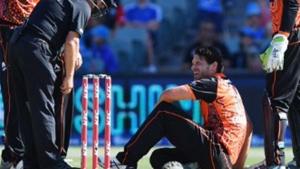 Nathan Coulter-Nile is down on the ground after suffering vertigo.(cricket.com.au/ Twitter) Nathan Coulter-Nile is down on the ground after suffering vertigo.(cricket.com.au/ Twitter)