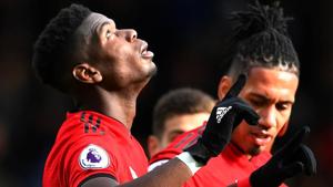 Manchester United's Paul Pogba celebrates scoring their third goal with Chris Smalling.(REUTERS) Manchester United's Paul Pogba celebrates scoring their third goal with Chris Smalling.(REUTERS)