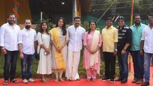 Jyotika, Revathi and Suriya with others pose for the camera at the Sunday launch of the film. Jyotika, Revathi and Suriya with others pose for the camera at the Sunday launch of the film.