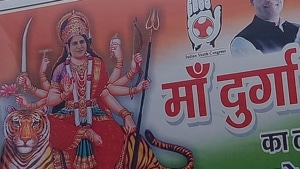 A Hindi slogan accompanying the picture reads, “Sister Priyanka Gandhi is the form of Mother Durga”.(ANI/Twitter) A Hindi slogan accompanying the picture reads, “Sister Priyanka Gandhi is the form of Mother Durga”.(ANI/Twitter)