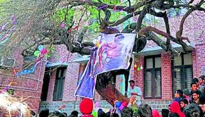 Every year on February 14, Valentine’s Day, students from Hindu College’s boys’ hostel flock around the Virgin Tree (V-shaped tree) on the college campus. They worship a Bollywood female actor as Damdami Mai (goddess), with her poster stuck to the tree. Last year actor Ranveer Singh and Jacqueline Fernandez were labelled ‘Love Guru’ and ‘Damdami Mai’ respectively.(Sourced) Every year on February 14, Valentine’s Day, students from Hindu College’s boys’ hostel flock around the Virgin Tree (V-shaped tree) on the college campus. They worship a Bollywood female actor as Damdami Mai (goddess), with her poster stuck to the tree. Last year actor Ranveer Singh and Jacqueline Fernandez were labelled ‘Love Guru’ and ‘Damdami Mai’ respectively.(Sourced)