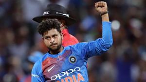 Kuldeep Yadav celebrates after taking the wicket of New Zealand's Colin Munro.(AFP) Kuldeep Yadav celebrates after taking the wicket of New Zealand's Colin Munro.(AFP)