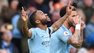 Manchester City's Raheem Sterling (L) celebrates scoring the opening goal.(AFP) Manchester City's Raheem Sterling (L) celebrates scoring the opening goal.(AFP)