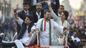 Congress President Rahul Gandhi with party general secretaries Priyanka Gandhi Vadra and Jyotiraditya Madhavrao Scindia during a roadshow, in Lucknow.(PTI photo) Congress President Rahul Gandhi with party general secretaries Priyanka Gandhi Vadra and Jyotiraditya Madhavrao Scindia during a roadshow, in Lucknow.(PTI photo)