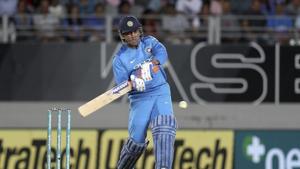 MS Dhoni plays a shot during the T20I against New Zealand at Eden Park in Auckland.(AP)