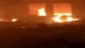 At least 250 huts were gutted in a massive fire which broke out in a slum in Delhi’s Paschim Puri area on Wednesday.(ANI Photo/Twitter) At least 250 huts were gutted in a massive fire which broke out in a slum in Delhi’s Paschim Puri area on Wednesday.(ANI Photo/Twitter)