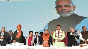 Union health minister JP Nadda (in orange stole) during the inauguration of the cancer hospital on Tuesday, Feb 12, 2019.(HT Photo) Union health minister JP Nadda (in orange stole) during the inauguration of the cancer hospital on Tuesday, Feb 12, 2019.(HT Photo)