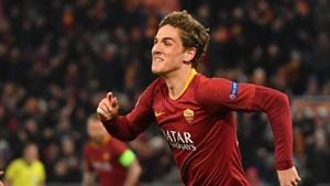 AS Roma Italian midfielder Nicolo Zaniolo (R) celebrates after opening the scoring during the UEFA Champions League round of 16 match.(AFP) AS Roma Italian midfielder Nicolo Zaniolo (R) celebrates after opening the scoring during the UEFA Champions League round of 16 match.(AFP)