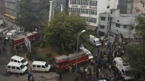 Firefighters seen outside Hotel Arpit Palace after a massive fire broke out at the hotel, at Karol Bagh, in New Delhi, on Tuesday, February 12, 2019.(Sanchit Khanna/HT Photo) Firefighters seen outside Hotel Arpit Palace after a massive fire broke out at the hotel, at Karol Bagh, in New Delhi, on Tuesday, February 12, 2019.(Sanchit Khanna/HT Photo)