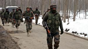 Army soldiers near the site of encounter at the Ratnipora area of south Kashmir's Pulwama district on February 12, 2019. At least two militants were killed in an encounter with security forces in central Kashmir’s Budgam, police claimed on Wednesday.(HT File Photo) Army soldiers near the site of encounter at the Ratnipora area of south Kashmir's Pulwama district on February 12, 2019. At least two militants were killed in an encounter with security forces in central Kashmir’s Budgam, police claimed on Wednesday.(HT File Photo)