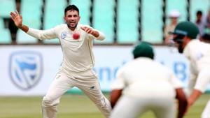South Africa's Keshav Maharaj (L) bowls during the 3rd day of the first Test.(AFP) South Africa's Keshav Maharaj (L) bowls during the 3rd day of the first Test.(AFP)