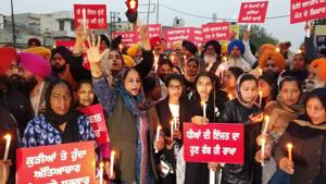 Shiromani Akali Dal workers protesting the Ludhiana gangrape, Tuesday, Feb 12, 2019.(ANI) Shiromani Akali Dal workers protesting the Ludhiana gangrape, Tuesday, Feb 12, 2019.(ANI)