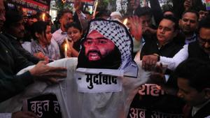 People burn an effigy of Jaish-e-Mohammed’s leader Masood Azhar after an attack on security forces in Kashmir’s Pulwama that left 43 soldiers dead and many others injured, in Lucknow, India, on Friday, February 15, 2019.(Deepak Gupta /Hindustan Times) People burn an effigy of Jaish-e-Mohammed’s leader Masood Azhar after an attack on security forces in Kashmir’s Pulwama that left 43 soldiers dead and many others injured, in Lucknow, India, on Friday, February 15, 2019.(Deepak Gupta /Hindustan Times)