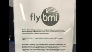 A notice informing passengers that flybmi flights have been cancelled following the collapse of the airline, at Bristol Airport in Bristol, England, Sunday, Feb. 17, 2019. Hundreds of passengers have been stranded by the abrupt collapse of the British regional airline Flybmi. The airline says it's filing for administration _ a British version of bankruptcy because of higher fuel costs and uncertainty caused by Britain's upcoming departure from the European Union. (PA via AP)(AP) A notice informing passengers that flybmi flights have been cancelled following the collapse of the airline, at Bristol Airport in Bristol, England, Sunday, Feb. 17, 2019. Hundreds of passengers have been stranded by the abrupt collapse of the British regional airline Flybmi. The airline says it's filing for administration _ a British version of bankruptcy because of higher fuel costs and uncertainty caused by Britain's upcoming departure from the European Union. (PA via AP)(AP)