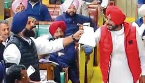 Majithia’s rant could be heard louder than Manpreet’s speech as Sidhu, who sits next to Manpreet in the House, looked on.(Video grab) Majithia’s rant could be heard louder than Manpreet’s speech as Sidhu, who sits next to Manpreet in the House, looked on.(Video grab)