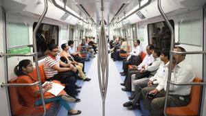 Passengers on Delhi Metro’s Magenta line have complained of ‘excessive announcements’ in the 57-minute long journey.(Burhaan Kinu/HT File) Passengers on Delhi Metro’s Magenta line have complained of ‘excessive announcements’ in the 57-minute long journey.(Burhaan Kinu/HT File)