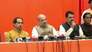 Shiv Sena chief Uddhav Thackeray, BJP president Amit Shah and Maharashtra Chief Minister Devendra Fadnavis after the two parties finalised a seat-sharing pact for the Lok Sabha and assembly elections in Maharashtra.(PTI) Shiv Sena chief Uddhav Thackeray, BJP president Amit Shah and Maharashtra Chief Minister Devendra Fadnavis after the two parties finalised a seat-sharing pact for the Lok Sabha and assembly elections in Maharashtra.(PTI)