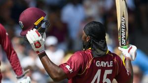 Chris Gayle (R) of West Indies celebrates his century during the 1st ODI between West Indies and England at Kensington Oval(AFP) Chris Gayle (R) of West Indies celebrates his century during the 1st ODI between West Indies and England at Kensington Oval(AFP)