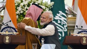 Prime Minister Narender Modi and Mohammed Bin Salman Bin Abdulaziz Al-Saud, Crown Prince of Saudi Arabia, during the joint press conference at Hyderabad House in New Delhi, India, on February 20, 2019(Raj K Raj/HT PHOTO) Prime Minister Narender Modi and Mohammed Bin Salman Bin Abdulaziz Al-Saud, Crown Prince of Saudi Arabia, during the joint press conference at Hyderabad House in New Delhi, India, on February 20, 2019(Raj K Raj/HT PHOTO)