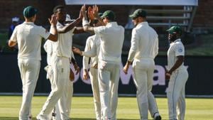 South Africa's Kagiso Rabada, second from left, celebrates with teammates after dismissing Sri Lanka's captain Dimuth Karunaratne.(AP) South Africa's Kagiso Rabada, second from left, celebrates with teammates after dismissing Sri Lanka's captain Dimuth Karunaratne.(AP)