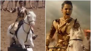 Kangana Ranaut riding a mechanical horse during Manikarnika, in real and on reel.(Instagram) Kangana Ranaut riding a mechanical horse during Manikarnika, in real and on reel.(Instagram)