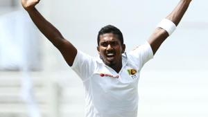 Sri Lanka's Vishwa Fernando appeals and gets the wicket of South Africa's Dean Elgar in the second over during day 1 of the first Test cricket match between South Africa and Sri Lanka held at the Kingsmead Stadium in Durban on February 13, 2019. (Photo by Anesh DEBIKY / AFP)(AFP) Sri Lanka's Vishwa Fernando appeals and gets the wicket of South Africa's Dean Elgar in the second over during day 1 of the first Test cricket match between South Africa and Sri Lanka held at the Kingsmead Stadium in Durban on February 13, 2019. (Photo by Anesh DEBIKY / AFP)(AFP)
