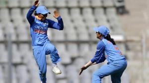 Ekta Bisht, left, and Jemimah Rodrigues celebrate India’s win over England.(AP) Ekta Bisht, left, and Jemimah Rodrigues celebrate India’s win over England.(AP)