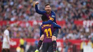 Barcelona captain forward Lionel Messi celebrates his second goal with Ousmane Dembele.(AFP) Barcelona captain forward Lionel Messi celebrates his second goal with Ousmane Dembele.(AFP)