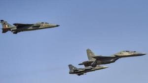 IAF's Sukhoi aircraft, a Jaguar and LCA Tejas fly in a 'missing man' formation to pay tribute to Wing Commander Sahil Gandhi who lost his life in a crash in Tuesday's rehearsals, during the inauguration of the 12th edition of AERO India 2019 air show at Yelahanka airbase in Bengaluru.(AP) IAF's Sukhoi aircraft, a Jaguar and LCA Tejas fly in a 'missing man' formation to pay tribute to Wing Commander Sahil Gandhi who lost his life in a crash in Tuesday's rehearsals, during the inauguration of the 12th edition of AERO India 2019 air show at Yelahanka airbase in Bengaluru.(AP)