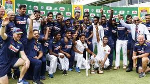 Sri Lanka cricket team celebrate winning their Test series win against South Africa.(AP) Sri Lanka cricket team celebrate winning their Test series win against South Africa.(AP)