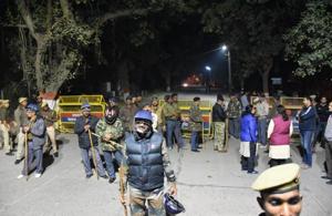 Security personnel on the BHU campus after the incident.(HT Photo) Security personnel on the BHU campus after the incident.(HT Photo)