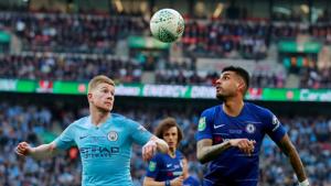 Kevin De Bruyne (left) vies for the ball with Chelsea’s Emerson Palmieri during their League Cup final clash on Sunday.(Action Images via Reuters) Kevin De Bruyne (left) vies for the ball with Chelsea’s Emerson Palmieri during their League Cup final clash on Sunday.(Action Images via Reuters)