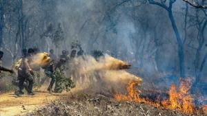 Bandipur: Rescue officials assist in extinguishing a forest fire at Bandipur Tiger Reserve, in Bandipur.(PTI) Bandipur: Rescue officials assist in extinguishing a forest fire at Bandipur Tiger Reserve, in Bandipur.(PTI)
