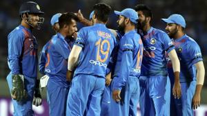 Yuzvendra Chahal with teammates celebrating after hits the stumps to run out Australia's Marcus Stoinis.(AP) Yuzvendra Chahal with teammates celebrating after hits the stumps to run out Australia's Marcus Stoinis.(AP)