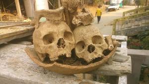 Two skulls and bones placed in a pot were found in a Mizo village(Sourced) Two skulls and bones placed in a pot were found in a Mizo village(Sourced)