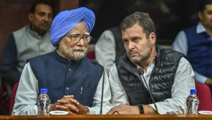 Congress president Rahul Gandhi with former Prime Minister Manmohan Singh at the Opposition parties' meeting to discuss the Common Minimum Programme (CMP) and chalk out future strategy for the Lok Sabha polls, at Parliament House complex in New Delhi, Wednesday.(PTI) Congress president Rahul Gandhi with former Prime Minister Manmohan Singh at the Opposition parties' meeting to discuss the Common Minimum Programme (CMP) and chalk out future strategy for the Lok Sabha polls, at Parliament House complex in New Delhi, Wednesday.(PTI)